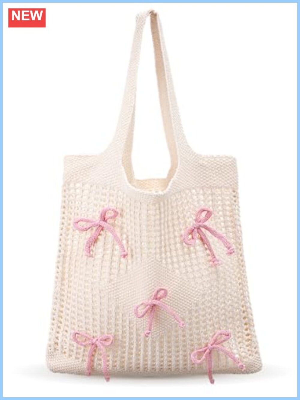 Crochet Mesh Tote Bag with Pink Bow Polyester Womens Beach